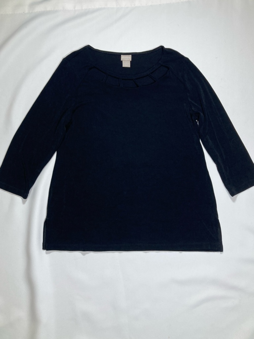 Chico's Travelers Black Ladder Cutout Neck Slinky Knit Top Size 1/M Minimalist